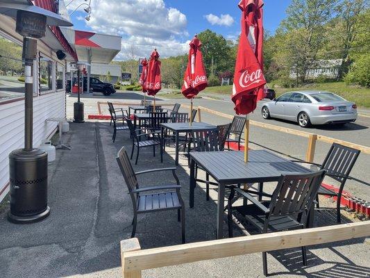 Patio seating out front