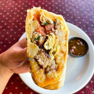 Breakfast Burrito with sausage and hot salsa