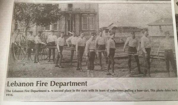 Lebanon Fire department volunteers in 1916 winning 2nd in State. Standing in front of the Donaca House