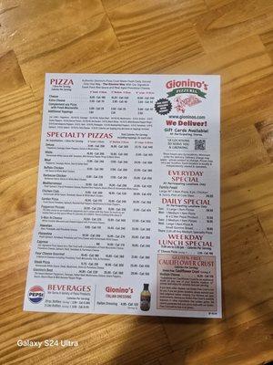 Menu Gionino's