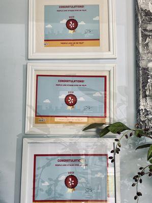 Yelp recognition certificates