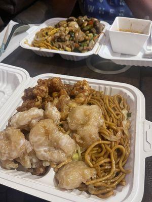 Coconut shrimp, lo mein, orange chicken