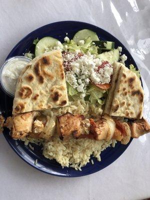 Chic kabob, rice and Greek salad