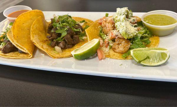 Tacos with steak and taco with shrimp/avocado, delicious!