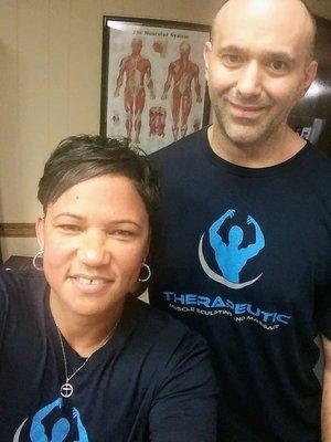 Jamie Naquin, LMT selfie with Indiana Fever GM, Pokie Chatman in TMS Massage t-shirts