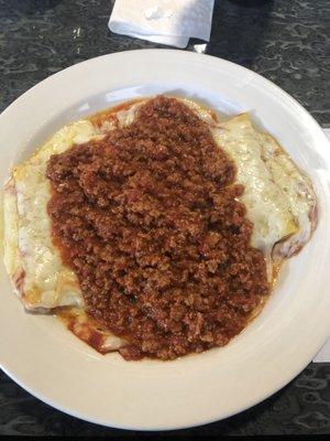 Baked Manicotti with meat sauce.