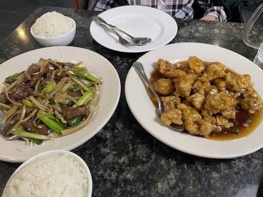 Gluten-Gluten Free Mongolian Beef and gluten-Gluten Free General's Chicken. Both delicious!