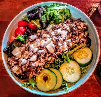 Freddie's Special Salad - cheese steak, green peppers, onions, mushrooms, jalapeno peppers and white American cheese with balsamic dressing