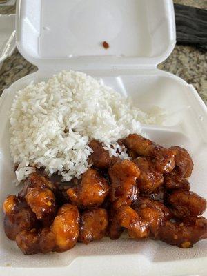 Orange chicken lunch special.  Includes steam or fried rice, choice of soup.  The hot and sour soup was delicious.