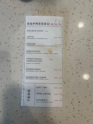 Espresso menu