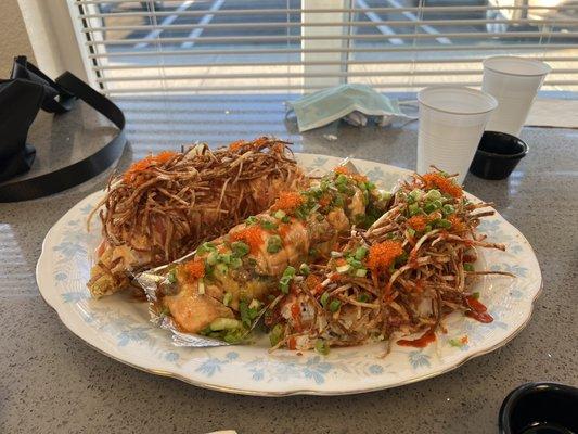 (Left to right): Story roll, baked salmon roll, and king roll