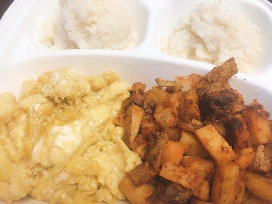 Scrambled Eggs, Roasted Potatoes, and Grits