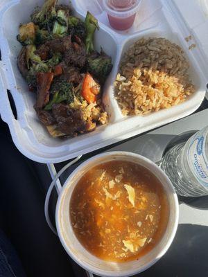 12. Beef with Broccoli, fried roce, Hot and sour soup. Ate the spring roll Before photo was taken lol