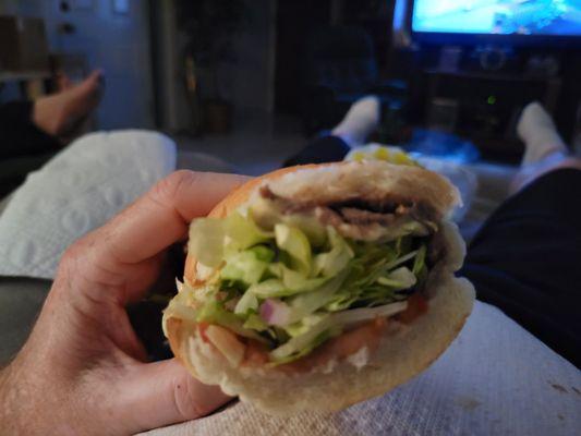 Steak and cheese foot long sub.