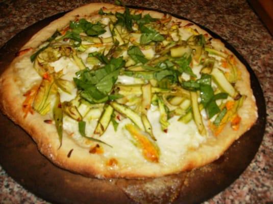 Pizza with Shaved Asparagus, Squash Blossoms and Fresh Mozzarella