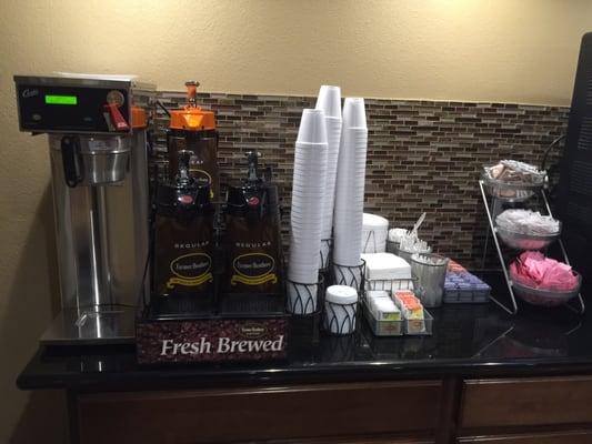 Continental breakfast beverages. Coffee, tea, juice, milk, and hot chocolate.