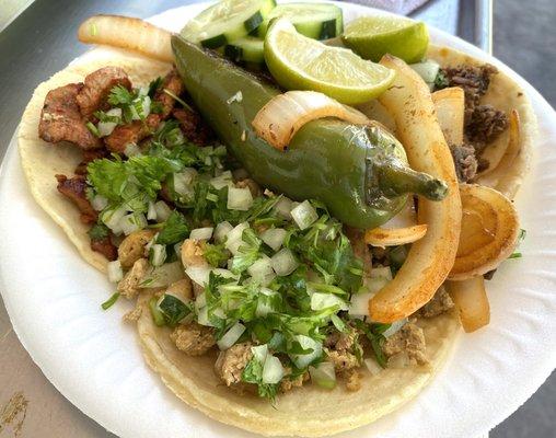 Chicken, Asada, Al pastor tacos $6.00 OTD.