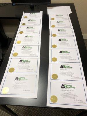 Certificates for teens who have completed the requirements for one of our Comprehensive Driver Education programs