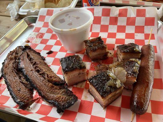 Brisket, Apple Glazed Pork Belly, and Smoked Bologna