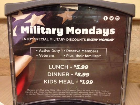 Discounts for our military. One thing that disgusts me are honor thieves who fake being in the military just to get a discount.