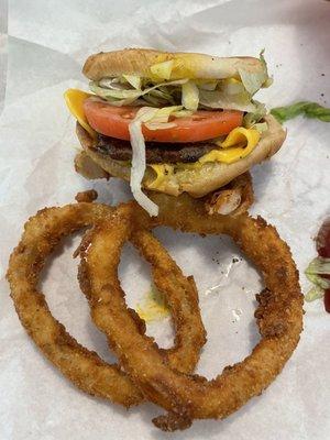 Small cheeseburger and onion rings