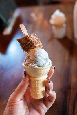 Black sesame ice cream, fried wagyu, wagyu oil caramel