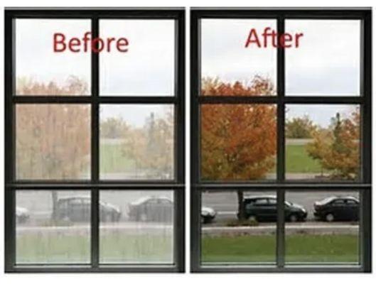 Before and after photo of a window repair that had condensation between the panes. This is one of our most common calls we get to repair.