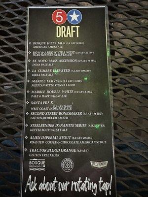 Tap beer menu.