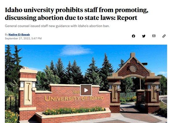 Screenshot of ABC News article on university's prohibition of abortion discussion