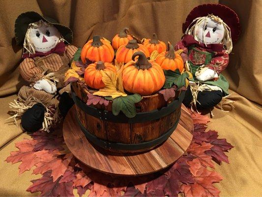 Fall Pumpkin Barrel Cake with handmade pumpkins and leaves