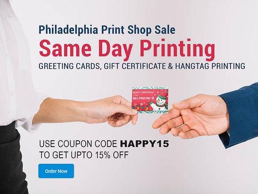 Take 15% off your custom printed greeting cards.