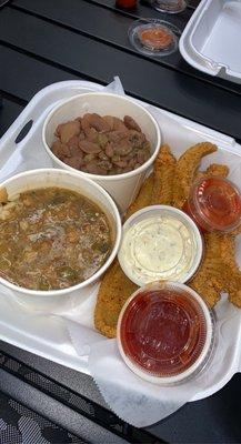 Catfish with a side of red beans and rice and crawfish etouffee it was soooo good!