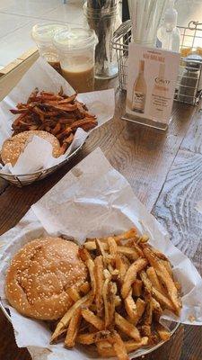 No. 1 - Farmburger w/ regular fries, No. 2 - Housemade Vegan Burger w/ sweet potato fries