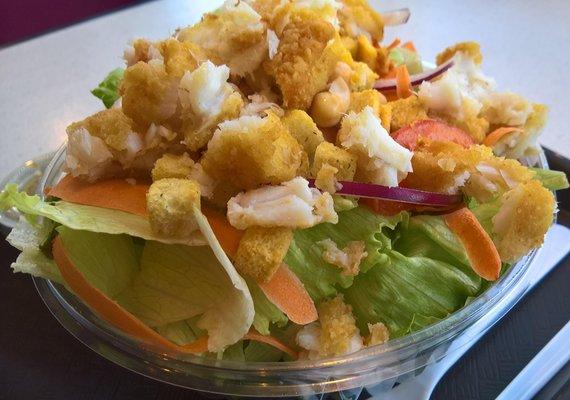 Low carb, no meat salad made with crumbled fish patty.