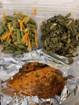 Baked fish with green beans and collard greens