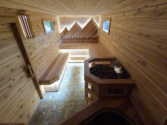 Inside the Sauna hot room. The Team at Sierra Sauna Club custom designed and built this mobile unit themselves!!