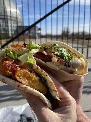 Fried cheese appetizer!! Ordered an extra side of pita ($1) and made it into a wrap with the lettuce and tomato it comes with (3/14/21).