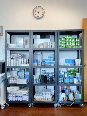 A wide selection of skincare products available for purchase, including ones from GM Collin.