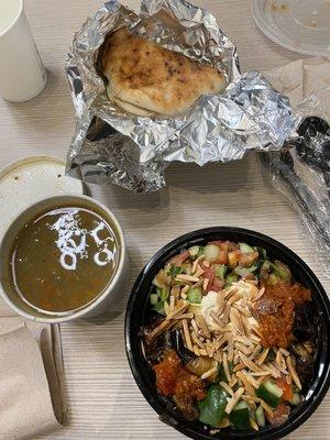 Half (Vegetable lentils soup) + Half (Mediterranean salad with pita bread) for $11.50