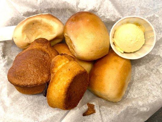 Bread rolls and corn bread