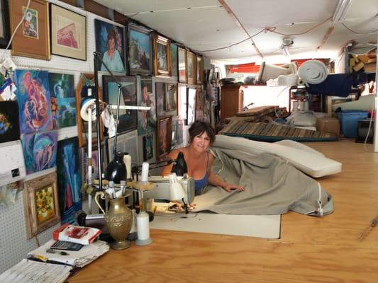 Georgette at work repairing a bimini.