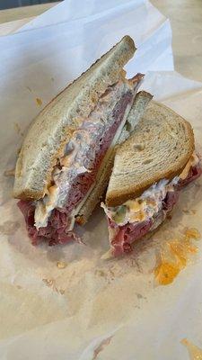 They call this a cold Reuben but I went rogue and made it into a sloppy joe with roast beef instead of pastrami and rye instead of a hero.