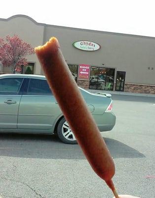 foot-long corn dog..served hot, chewy, hint of sweetness, good