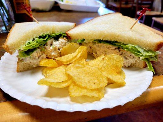 Chicken salad sandwich and chips