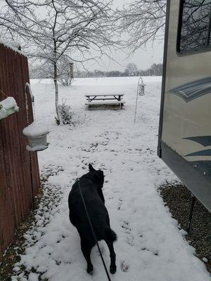 Our first snow in 2017 when we came back to the RV Park from our vacation