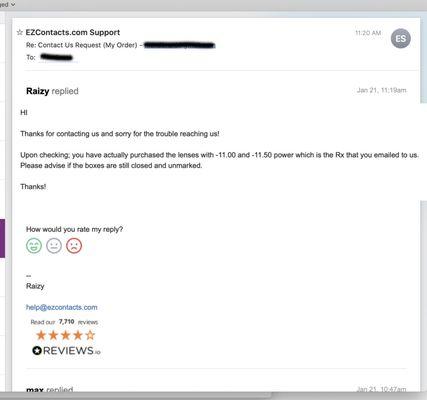 Response from EZContacts which will not replace 6 months worth due to Americas Best Error