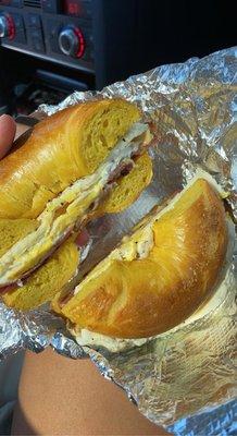 bacon egg and cheese bagel, toasted, salt + pepper