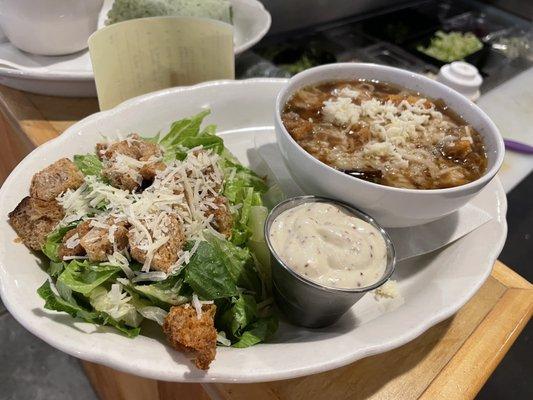 Caesar salad with French onion soup