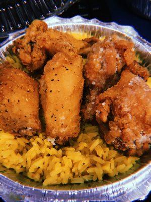 6pcs Wings lemon pepper and garlic parmesan and a side of yellow rice