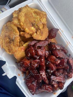 Boneless Spare Ribs with Fried Green Plantain